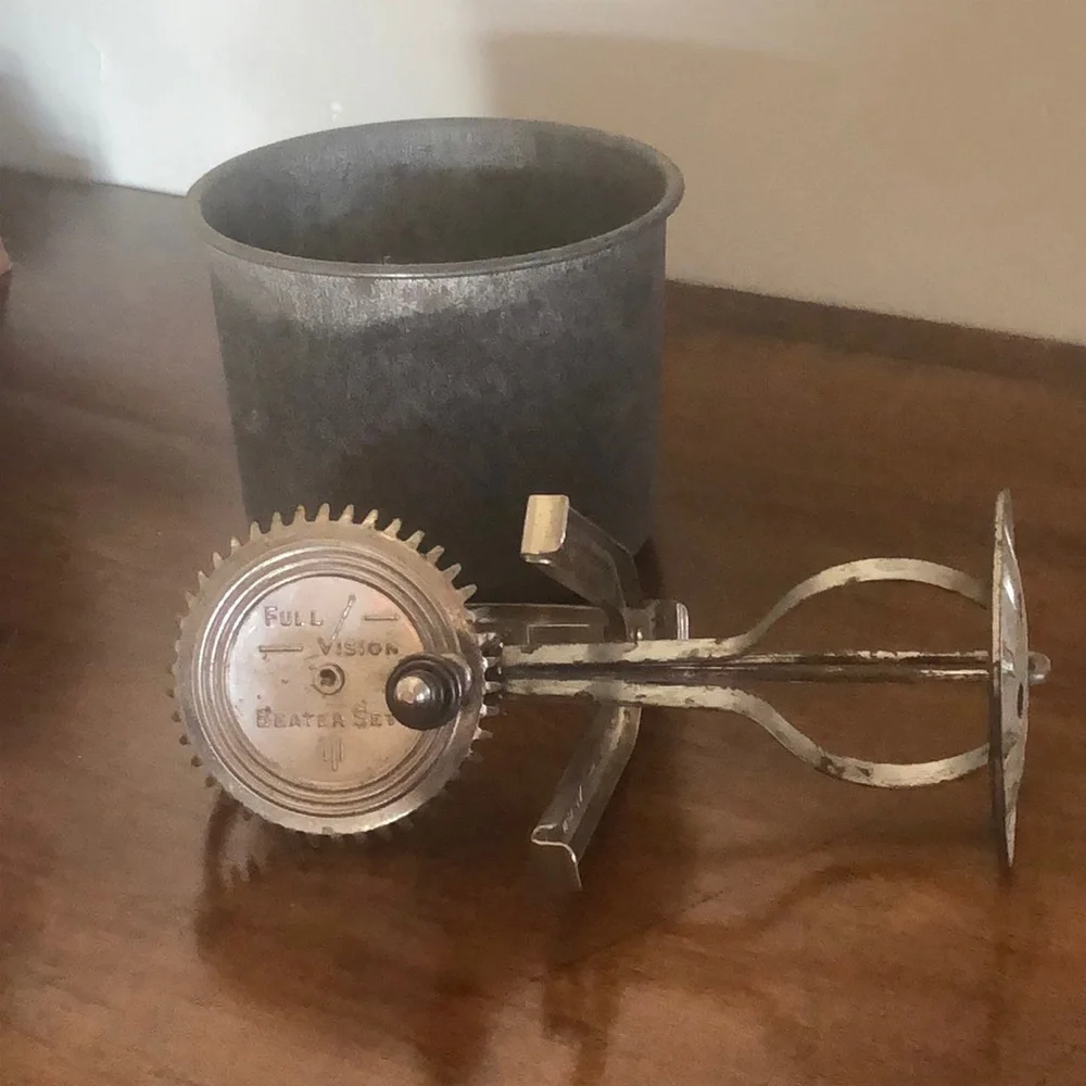 Antique Vintage Tin Metal Full Vision Egg Beater Mixer Set with Bowl Complete
